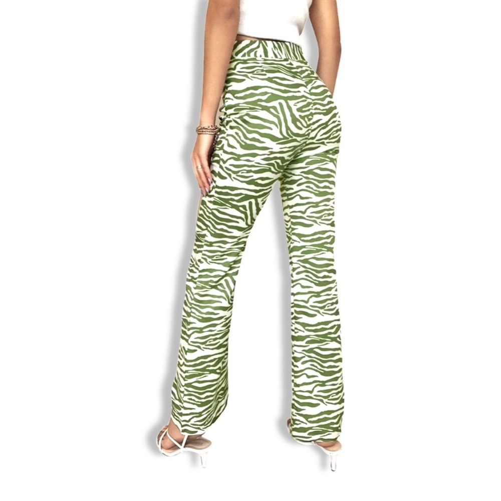 Zebra print high waisted flare pants in green | Small | NWOT - Picture 3 of 4